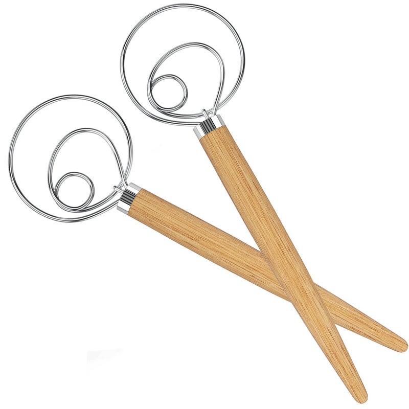 VOBRAMY Acerich 2 Pack Danish Dough Whisk 13.5â€ Dough Whisk Stainless Steel Dutch Style Bread Whisk Wooden Handle Danish Whisk for Bread, Batter, Cake, Pastry - Image 1